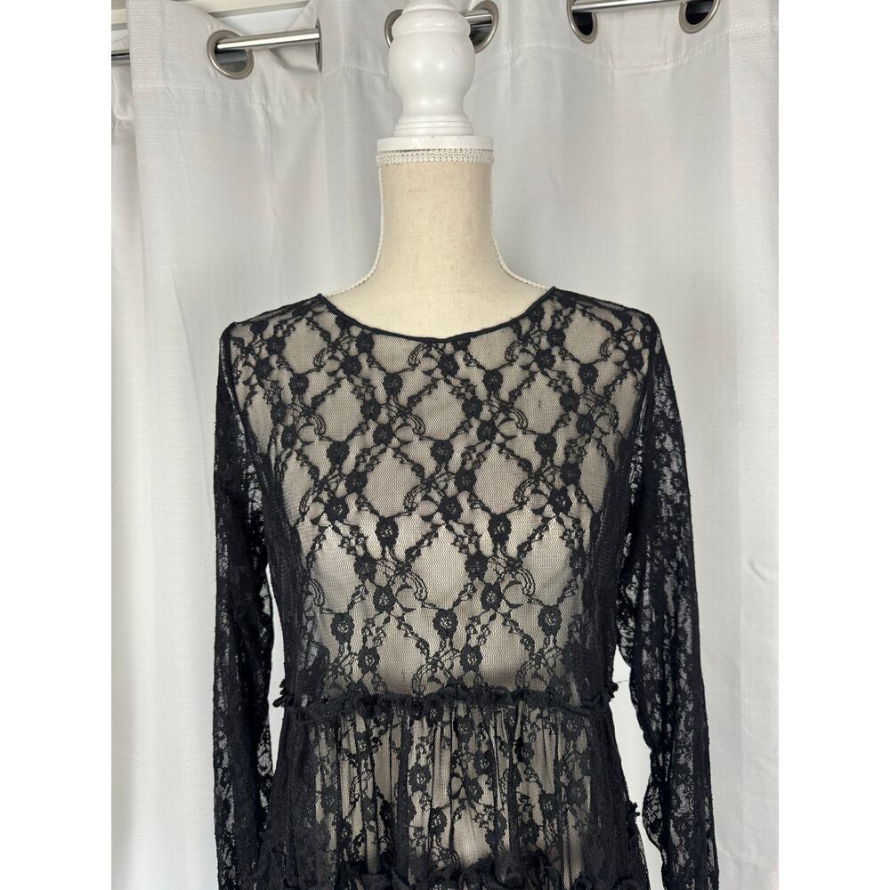 Black Lace Sheer Babydoll Top Romantic Boho Layering Medium - Picture 2 of 6